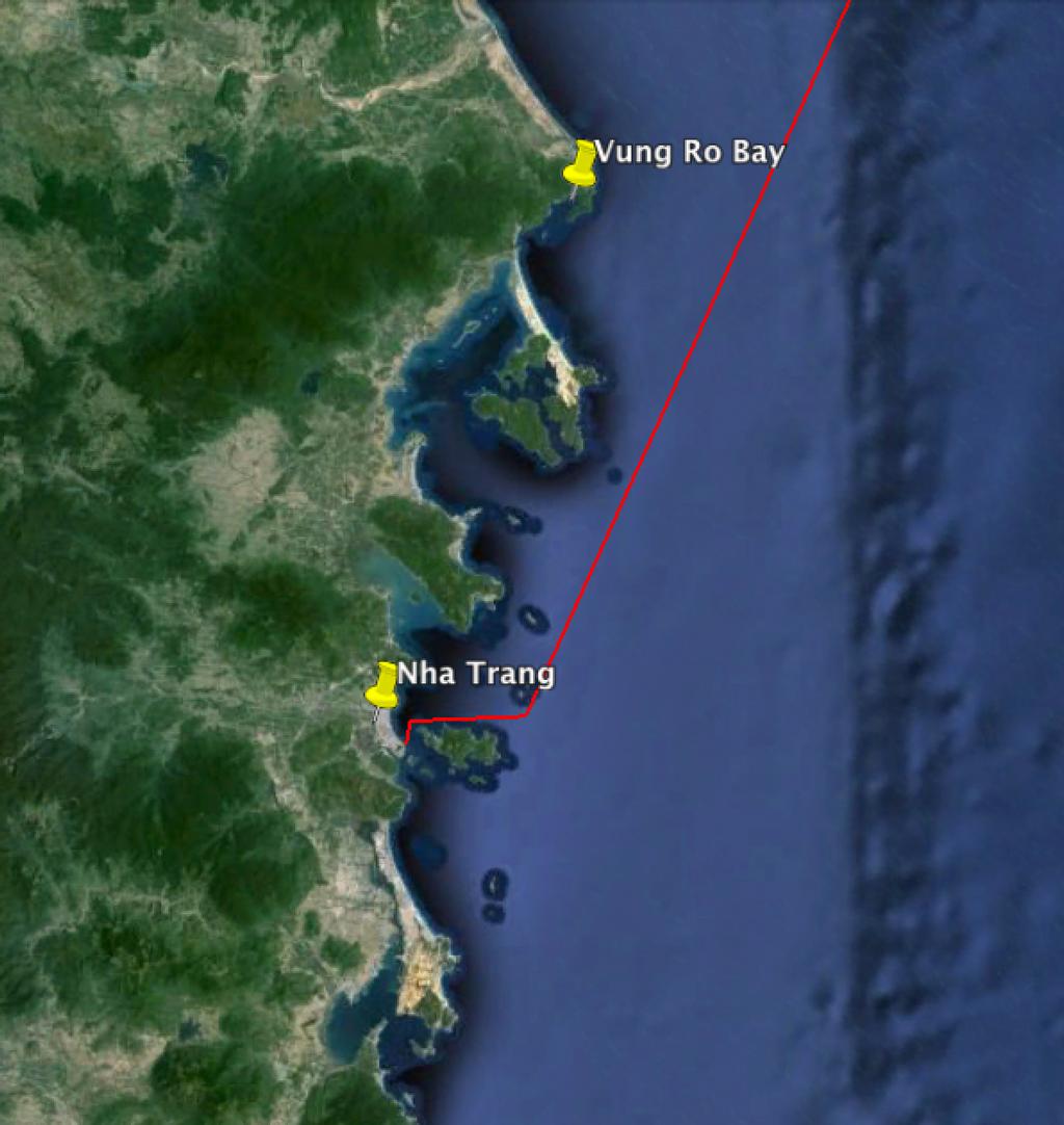 Vung Ro Bay is on the east coast of Vietnam, 40nm north of Nha Trang as the crow flies. (The red line is the end of the Hong Kong-Vietnam Race). © SW